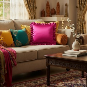 Hot Pink Premium Satin Square <b>Cushion</b> <b>Cover</b> with Frill Borders for Home & Hotel Use - Product Image 2