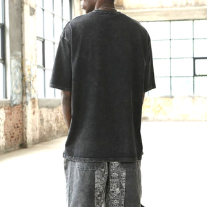 T-shirt en coton noir à manches courtes et col rond pour homme, coupe oversize, couleur unie, style streetwear, jersey tricoté, effet délavé - Product Image 2