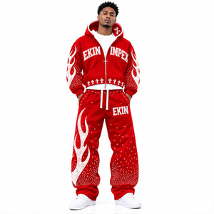 Hot Selling Men's 2 Piece <b>Red</b> Crystal Embellished Tracksuit Set Gothic <b>Cross</b> Zip Up Hoodie Flame Baggy Sweatpants Street Style - Product Image 1