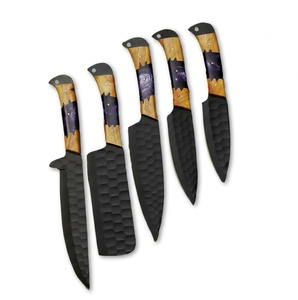 Juego de Cuchillos de Cocina de 5 Piezas de Acero Inoxidable Hechos a Mano con Hoja Recta y Mangos de Madera, Serie Titan Hammered - Product Image 1