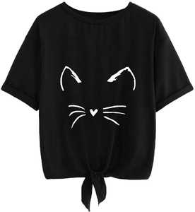 Women's <b>Cat</b> Face Graphic <b>T</b>-Shirt White Whisker Print Tie Front Knotted Crop Top Casual Round Neck Tee Casual <b>T</b>-Shirt Tie Hem Top - Product Image 3