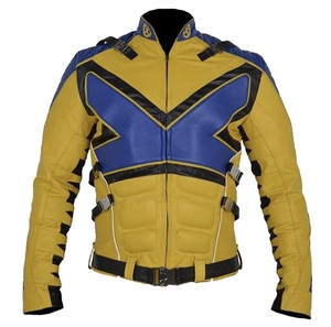 Men's Yellow Blue Leather Motorcycle Jacket Stand Collar Zipper Closure Slim Fit Windproof Moto Biker Style Autumn Wear - Product Image 1