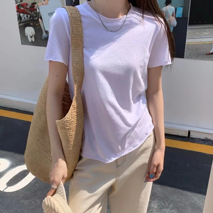 T-shirt pour femme 100% coton, col rond, couleur unie, manches courtes, décontracté, respirant, coupe ample, plissé, tricoté, printemps été - Product Image 1