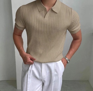 Men's Black <b>Waffle</b> Fabric Knitted for <b>Shirt</b> Short Sleeve Solid Color Smart Casual Breathable Back Neck Logo Turn Collar Regular - Product Image 2