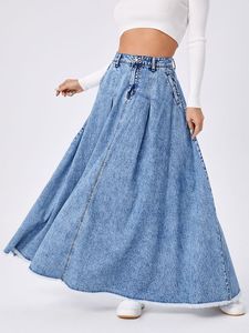 Jupe longue en jean taille haute pour femme, coupe trapèze, délavée, décontractée, style automne - Product Image 5