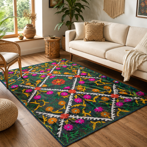 Sábana de Algodón Suzani Hecha a Mano, Bordado Floral Geométrico Multicolor Verde, Decoración Étnica India Boho para el Hogar - Product Image 1