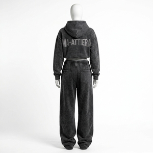 Conjunto de Sudadera con Capucha y Pantalones Jogger para Mujer, Color Gris Carbón, Lavado Ácido, Algodón y Felpa, Ropa Deportiva Urbana, Venta al Por Mayor OEM - Product Image 4