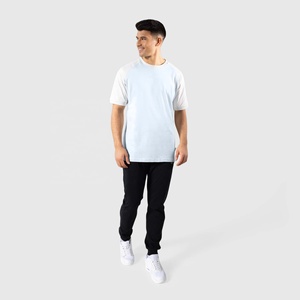 T-shirt pour homme de qualité supérieure, bleu clair et blanc, manches raglan, coupe classique, col rond, jersey décontracté en coton, couleur unie, manches courtes - Product Image 6
