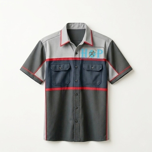 Chemise de travail pour mécanicien automobile, manches courtes, coton, boutonnée, uniforme d'équipe de garage, gris et blanc, vêtements OEM, chemises de course - Product Image 1
