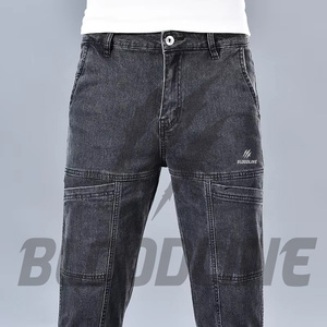 Jeans Cargo de Mezclilla para Hombre BLOODLINE, Corte Slim, Cintura Media, Estilo Utilitario, Lavado a la Piedra, Algodón, para Otoño - Product Image 1