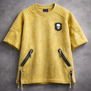 Camiseta de hombre estilo motero deportiva con cremallera, de lona 100% algodón teñida con hilo, de alto gramaje, ecológica, transpirable frontalmente y con hombros caídos. - Product Image 2