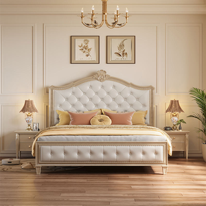 Premium European French <b>Antique</b> Eco-Friendly Upholstered <b>Bed</b> Set Solid Wood Structure Tufted Headboard for Luxury Master Bedroom - Product Image 1