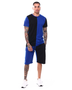 Ensemble T-shirt et short pour homme, bleu et noir, col rond, décontracté, été, respirant, tricoté en polyester et élasthanne - Product Image 2