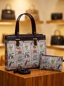 Sac fourre-tout jacquard fait main avec motif éléphant et paon, avec pochette assortie - Product Image 2