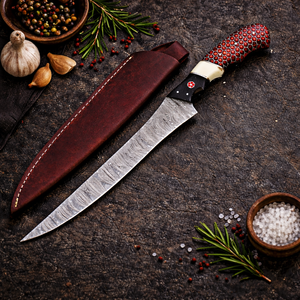 Cuchillo de filetear pescado de acero de Damasco hecho a mano, mango estilo nido de abeja de resina, diseño moderno, hoja de 8 pulgadas, ambidiestro, funda de cuero - Product Image 6