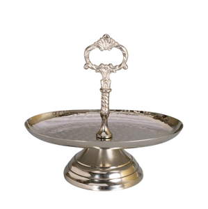 Luxury Silver Metal <b>Cake</b> <b>Stand</b> with Ornate Handle Hammered Stainless Steel Pedestal Serving Tray for Wedding Parties & Home Deco - Product Image 1