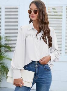 Camisas de Mujer para Primavera, Verano y Otoño, Blusas de Moda de Color Sólido, Manga Larga, Cuello Camisero, Corte Regular, Casual, con Botones Delanteros - Product Image 5