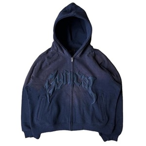 Sweat à capuche zippé pour homme, style streetwear, avec logo personnalisé, effet délavé à l'acide, usé et délavé par le soleil, motif imprimé gothique - Product Image 4