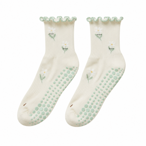 Wholesale <b>Custom</b> Women Pilates <b>Grip</b> <b>Socks</b> Cotton Ruffle Crew <b>Socks</b> with Jacquard Flower Logo Non Slip Yoga <b>Socks</b> - Product Image 1
