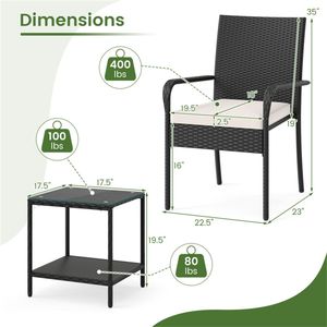 Set Bistrot da Esterno in PE Wicker Bianco a 3 Pezzi con Tavolino a 2 Livelli in Vetro Temperato e Sedia da Esterno per Donne - Product Image 4