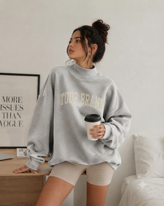 Sudadera Oversize de Cuello Alto para Mujer, Gris con Estampado de Letras, Hombros Caídos, Manga Larga, Tejido de Algodón, Ropa Casual de Otoño e Invierno - Product Image 1