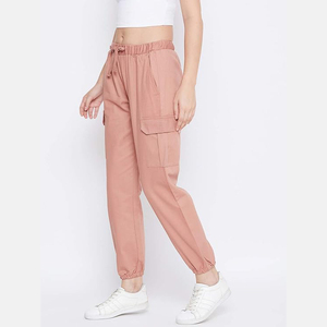 LEAFITS Pantalon de jogging cargo pour femme en toile rose poudré doux, coupe-vent, taille élastique, vente en gros Europe, style bohème - Product Image 5