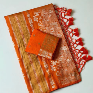 Sari de Seda Pura Chinya con Tejido Jacquard Doble Jari – Diseño Floral con Pallu Rico y Borlas - Product Image 1