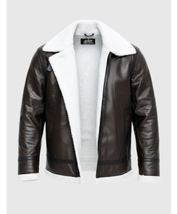 <b>Men's</b> Genuine <b>Leather</b> Fleece Collar Zip-Up Winter <b>Jacket</b> Regular Fit High Street Style Vintage - Product Image 1