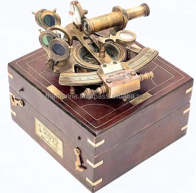 Sextante e bússola de latão marinho J. Scott, caixa de madeira decorativa, instrumentos colecionáveis de navio náutico vintage, antigo