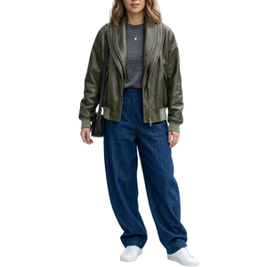 Chaqueta Bomber de Cuero PU Tejido para Mujer, Color Verde Oliva Sólido, Estilo Otoñal - Product Image 3