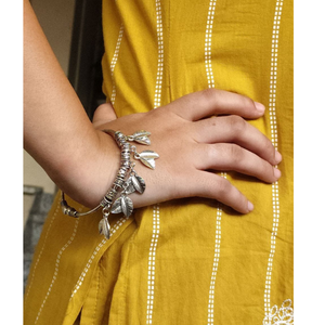 Oxidized Silver <b>Boho</b> Bangle with Leaf Charms - Ethnic Tribal Style Jewelry - Adjustable Women's Statement <b>Bracelet</b> - Product Image 3