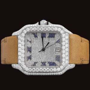 Export Quality Brown Leather Band Moissanite Diamond <b>Watch</b> with Crystal Studded & Blue Durable Quartz Movement White Gold <b>Watch</b> - Product Image 1