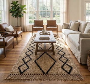 Alfombra de Yute Hecha a Mano con Patrón Geométrico de Diamantes Negros, Alfombra de Fibra Natural Estilo Boho, Alfombra Rústica para Sala de Estar - Product Image 1