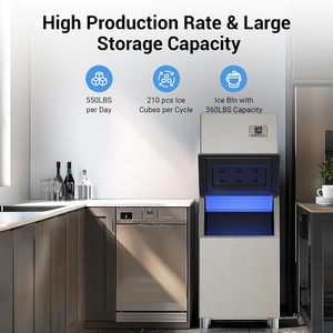 Commercial Ice Maker Machine 550lbs/24H, Ice Ready in 5-15 min, 360lbs <b>Large</b> Storage <b>Bin</b>, Stainless Steel Electric Ice Machine - Product Image 3