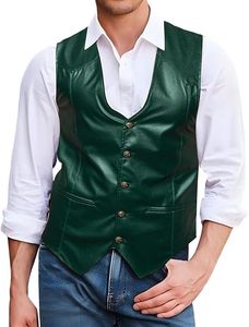 Chaleco de Cuero Verde Retro sin Mangas para Hombre con Cierre de Botones, Estilo Casual Inspirado en el Oeste, Proveedor Mayorista - Product Image 6