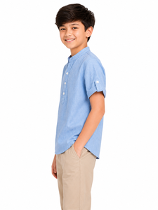 <b>Boys</b> Sky Blue Mandarin Collar Kurta Shirt Casual Cotton Short Sleeve Ethnic Wear for Kids Stylish Roll <b>Up</b> Sleeve Kurta Top Trend - Product Image 2