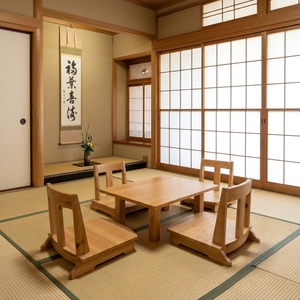 Juego de mesa de comedor de madera de teca maciza de estilo japonés, 4 sillas Zaisu sin patas, Tatami Tea Chabudai, muebles minimalistas modernos - Product Image 3