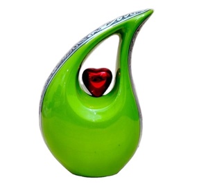 Urne en forme de larme Urne en forme de larme verte gravée en argent avec coeur rouge pour cendres humaines pour urnes de crémation pour adultes - Product Image 1