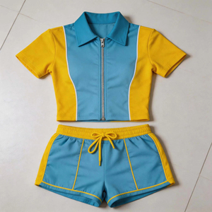 Custom <b>Rhinestone</b> logo Track Suit for Women Set Color Blocking Short Sleeve Zip <b>Jacket</b> and Shorts Women's Summer Two-piece Set - Product Image 6