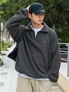 Sweat-shirt en molleton gris foncé pour homme, col montant, coupe oversize, tricoté, décontracté, idéal pour l'hiver - Product Image 5
