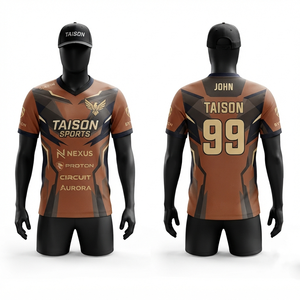 Maillot d'e-sport pour hommes 180 GSM en polyester interlock premium à séchage rapide, marron, noir, or, avec panneau angulaire et logo personnalisé par sublimation - Product Image 1