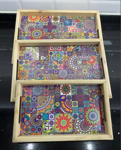 W90 Plateau de service moderne en bois rectangulaire 3 pièces avec fond en pin imprimé UV personnalisé - Product Image 1