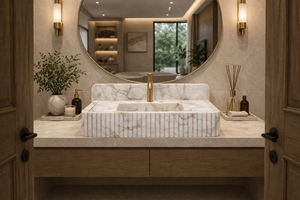 Fabricant de lavabos en marbre Calacatta, fournisseur de lavabos de salle de bain en marbre cannelé, lavabo de comptoir fait main pour projets hôteliers et de villas - Product Image 2