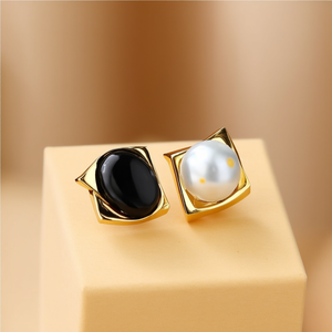 14K Gold Plated Onyx and Pearl Drop Stud Earrings-Trendy Geometric Number Design for Party - Product Image 3