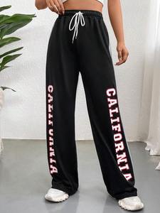 <b>Black</b> Wide Leg Pants <b>With</b> California Side Print Drawstring Waist Casual Loose Fit Full Length Knitted Polyester - Product Image 6