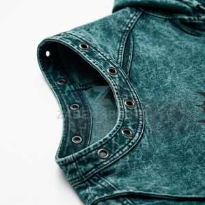 Gilet sans manches en denim de coton premium, style vintage, pour homme, broderie frontale, streetwear urbain, décontracté, pour le quotidien, collection automne - Product Image 4