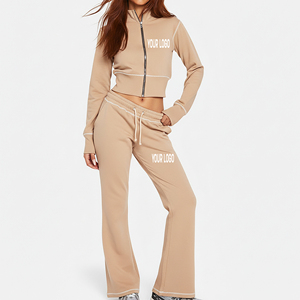 OEM/ODM Custom Made Winter Vintage Solid Embroidered Lace Contrast Stitch Streetwear Tracksuit 100% Cotton Breathable Wide Leg - Product Image 1