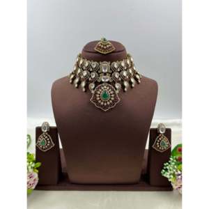 Indian Ethnic Gold Plated Premium Moissanite Choker Necklace and Earring Bridal Wedding Jewelry Set - Product Image 1