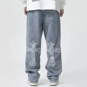 Pantalones Vaqueros Anchos con Parches Cruzados Desgastados, Cintura Media, Corte Holgado, Estilo Hip Hop, Color Sólido, Largos, de Algodón, para Streetwear - Product Image 4