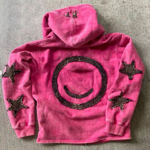 Sweat-shirt à capuche zippé noir pour homme, avec étoiles appliquées, style streetwear uni, coupe régulière, manches classiques, en coton tricoté anti-boulochage, ODM - Product Image 6